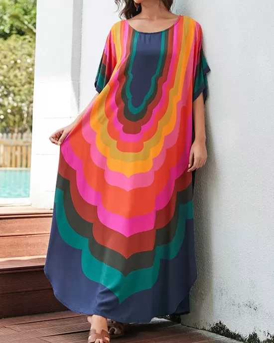 Contrast Color Printed Sun Protection Batwing Sleeves Loose Round-Neck Maxi Dresses