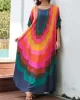 Contrast Color Printed Sun Protection Batwing Sleeves Loose Round-Neck Maxi Dresses