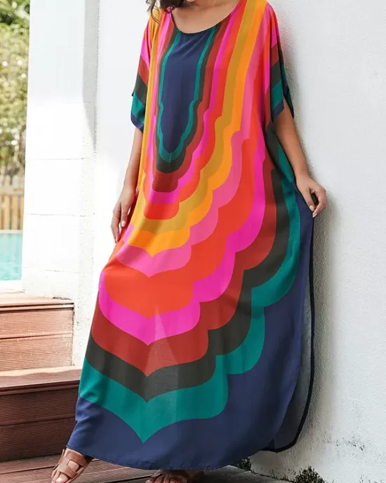 Contrast Color Printed Sun Protection Batwing Sleeves Loose Round-Neck Maxi Dresses