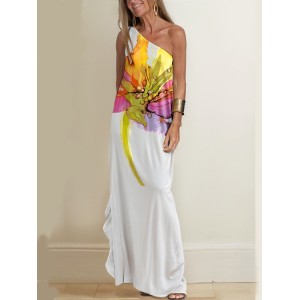 Loose Sleeveless Asymmetric Flower Print One-Shoulder Maxi Dresses