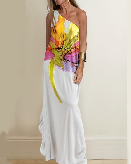 Loose Sleeveless Asymmetric Flower Print One-Shoulder Maxi Dresses