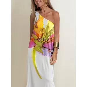 Loose Sleeveless Asymmetric Flower Print One-Shoulder Maxi Dresses