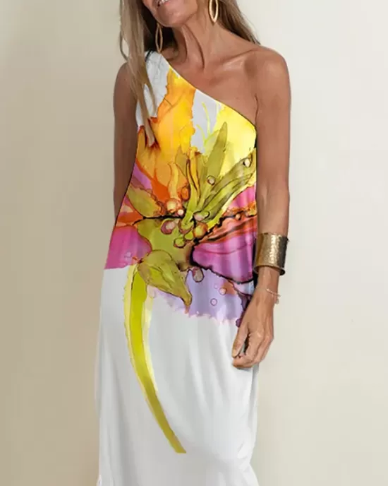 Loose Sleeveless Asymmetric Flower Print One-Shoulder Maxi Dresses