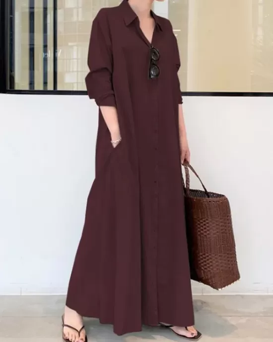 Original Solid Color Lapel Shirt Dress