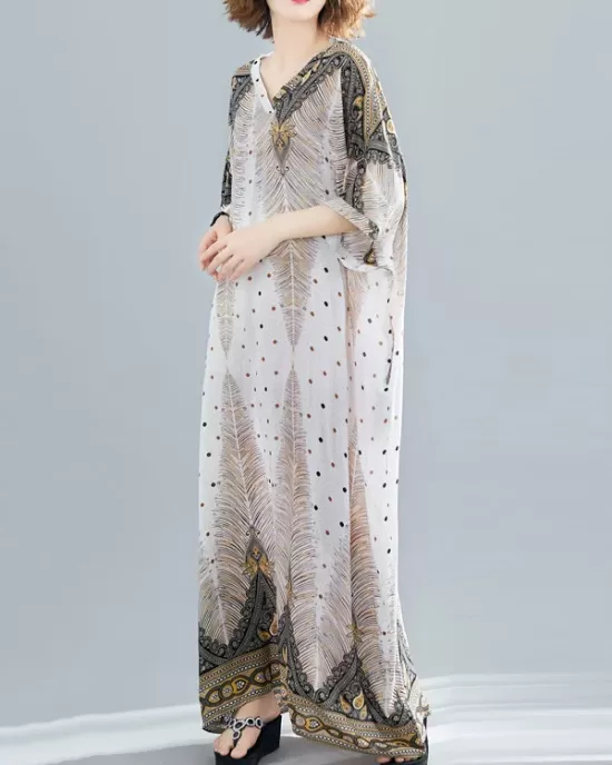 Ethnic Printed Plus Size V-Neck Batwing Sleeve Maxi Dress