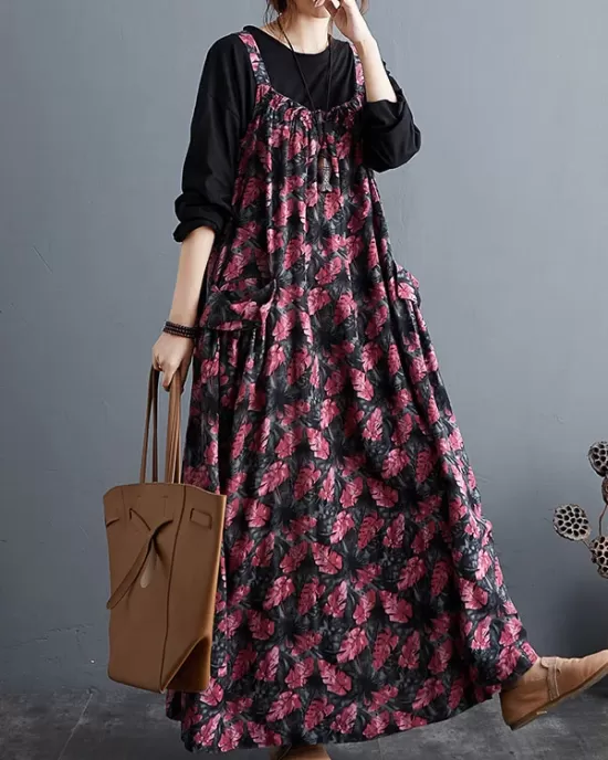 Artistic Retro Ramie Cotton Loose 3 Colors Floral Printed Square-Neck Sleeveless Strap Dress