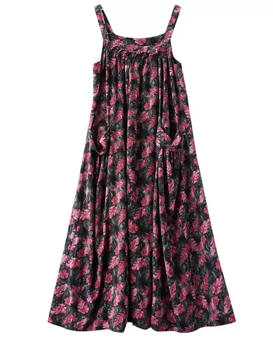 Artistic Retro Ramie Cotton Loose 3 Colors Floral Printed Square-Neck Sleeveless Strap Dress