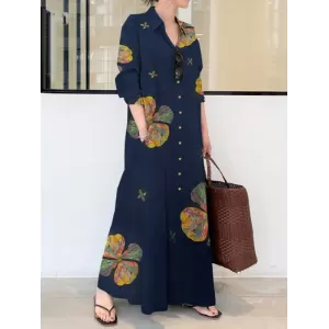 Vintage Floral Printed Lapel Oversize Maxi Dress