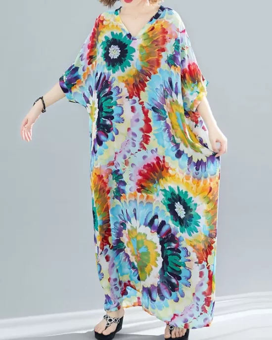 Vintage Loose Tie-Dyed Batwing Sleeves V-Neck Maxi Dress