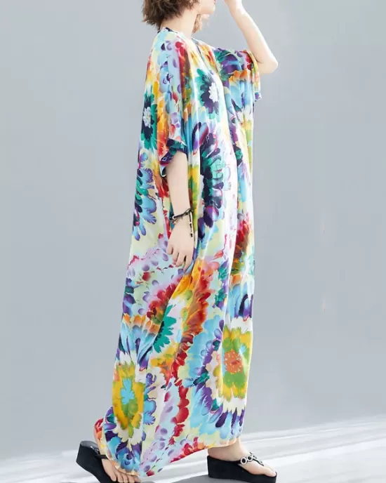 Vintage Loose Tie-Dyed Batwing Sleeves V-Neck Maxi Dress