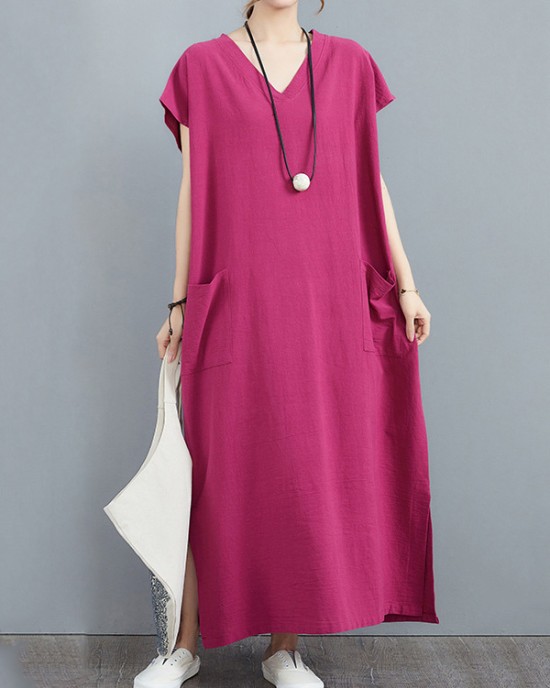 Simple Ramie Cotton Solid Color Split-Side With Pocket V-Neck Short Sleeves Maxi Dress