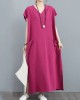 Simple Ramie Cotton Solid Color Split-Side With Pocket V-Neck Short Sleeves Maxi Dress