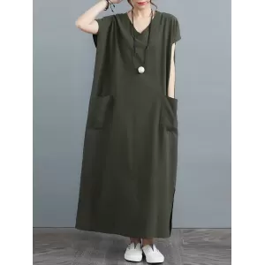 Simple Ramie Cotton Solid Color Split-Side With Pocket V-Neck Short Sleeves Maxi Dress