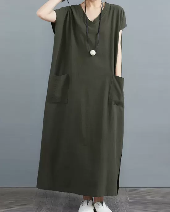 Simple Ramie Cotton Solid Color Split-Side With Pocket V-Neck Short Sleeves Maxi Dress