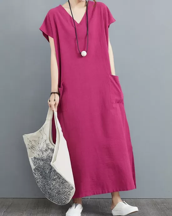 Simple Ramie Cotton Solid Color Split-Side With Pocket V-Neck Short Sleeves Maxi Dress