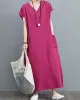 Simple Ramie Cotton Solid Color Split-Side With Pocket V-Neck Short Sleeves Maxi Dress