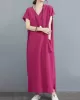 Simple Ramie Cotton Solid Color Split-Side With Pocket V-Neck Short Sleeves Maxi Dress