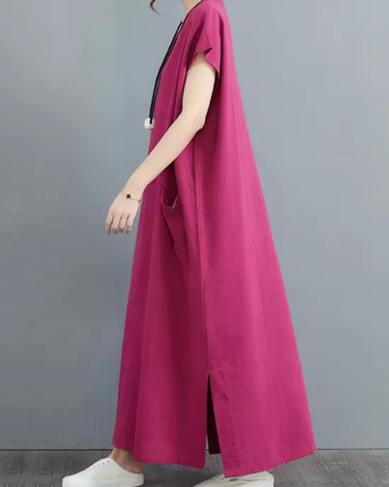 Simple Ramie Cotton Solid Color Split-Side With Pocket V-Neck Short Sleeves Maxi Dress