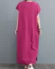 Simple Ramie Cotton Solid Color Split-Side With Pocket V-Neck Short Sleeves Maxi Dress