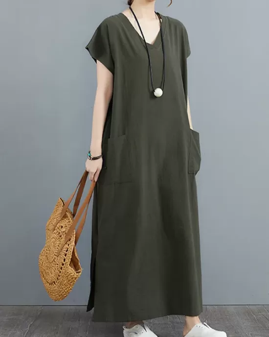 Simple Ramie Cotton Solid Color Split-Side With Pocket V-Neck Short Sleeves Maxi Dress