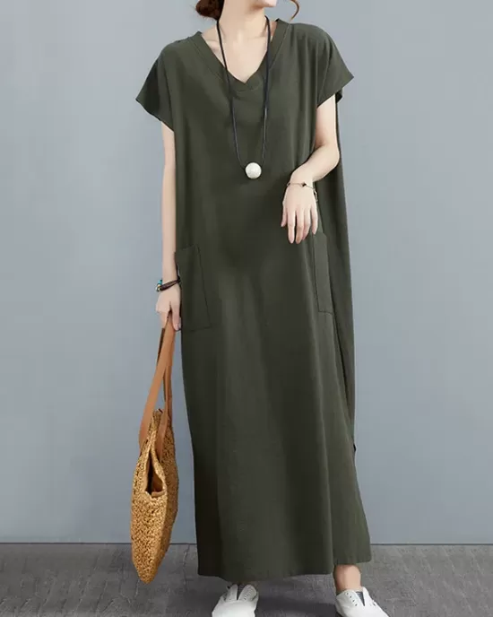 Simple Ramie Cotton Solid Color Split-Side With Pocket V-Neck Short Sleeves Maxi Dress