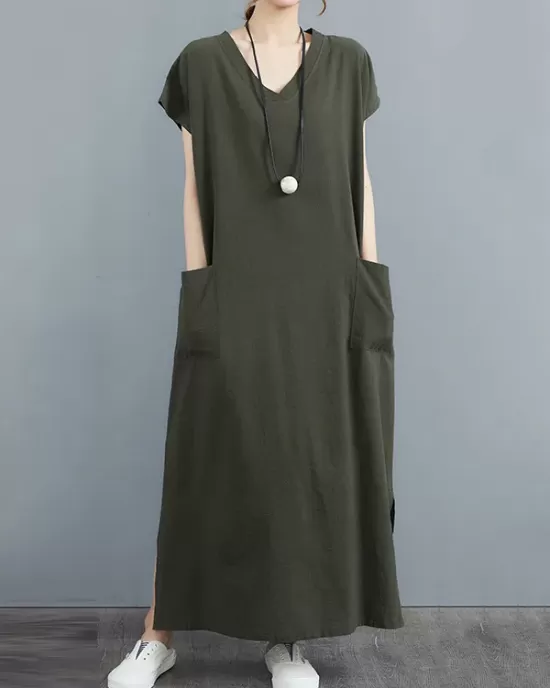 Simple Ramie Cotton Solid Color Split-Side With Pocket V-Neck Short Sleeves Maxi Dress