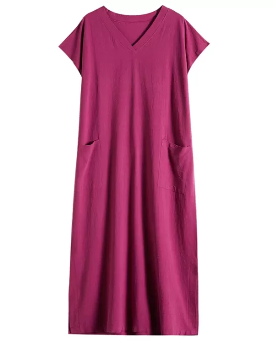 Simple Ramie Cotton Solid Color Split-Side With Pocket V-Neck Short Sleeves Maxi Dress