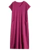 Simple Ramie Cotton Solid Color Split-Side With Pocket V-Neck Short Sleeves Maxi Dress