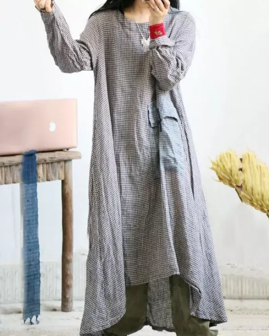 Loose Vintage Linen Plaid Round-neck Long Dress