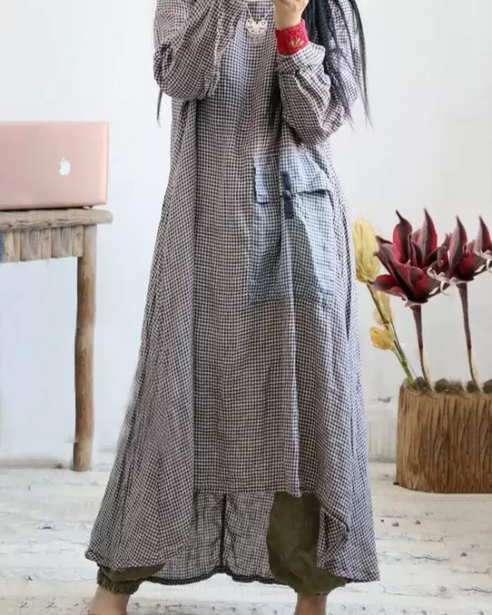 Loose Vintage Linen Plaid Round-neck Long Dress