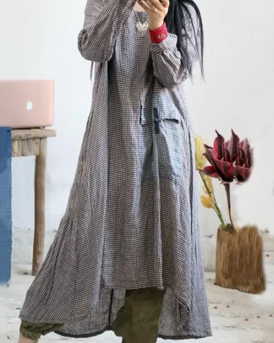 Loose Vintage Linen Plaid Round-neck Long Dress