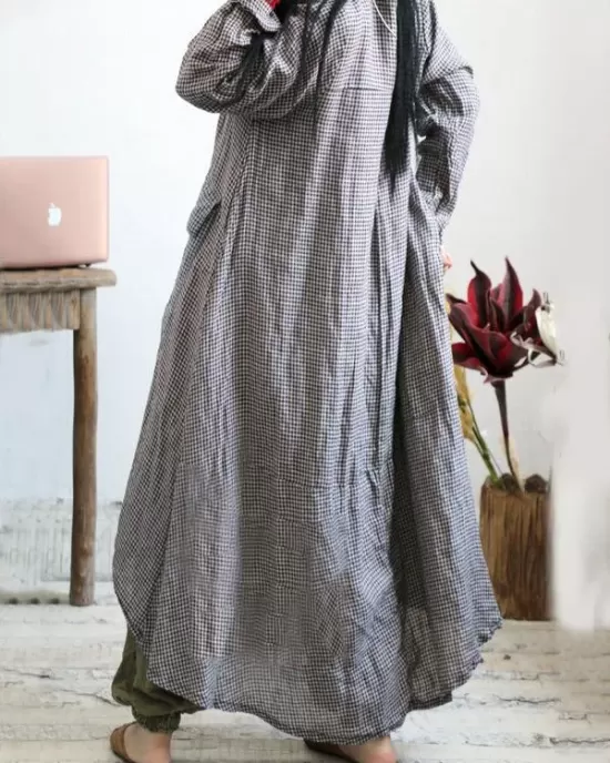 Loose Vintage Linen Plaid Round-neck Long Dress