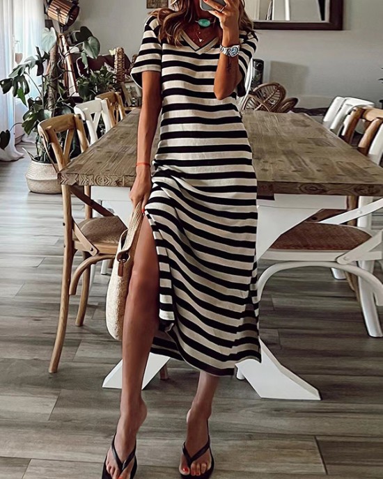 Printed Split-Side Striped A-Line Loose V-Neck Midi Dresses