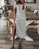 Printed Split-Side Striped A-Line Loose V-Neck Midi Dresses