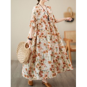 Floral Printed Pleated Split-Joint Loose Raglan Sleeve Round-Neck Midi Dresses