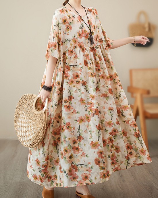 Floral Printed Pleated Split-Joint Loose Raglan Sleeve Round-Neck Midi Dresses