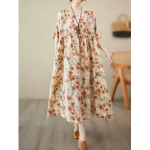 Floral Printed Pleated Split-Joint Loose Raglan Sleeve Round-Neck Midi Dresses