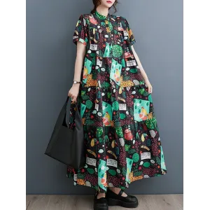 Buttoned Printed Split-Joint Loose Short Sleeves Stand Collar Midi Dresses