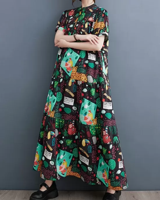 Buttoned Printed Split-Joint Loose Short Sleeves Stand Collar Midi Dresses