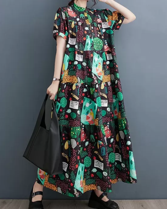 Buttoned Printed Split-Joint Loose Short Sleeves Stand Collar Midi Dresses