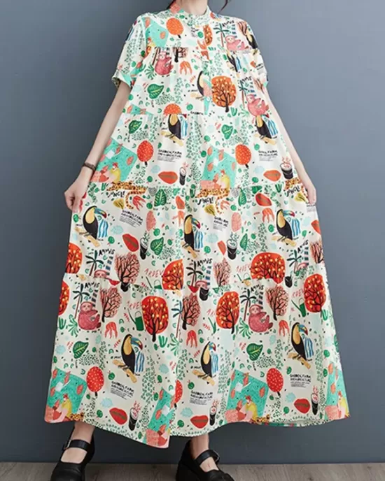 Buttoned Printed Split-Joint Loose Short Sleeves Stand Collar Midi Dresses