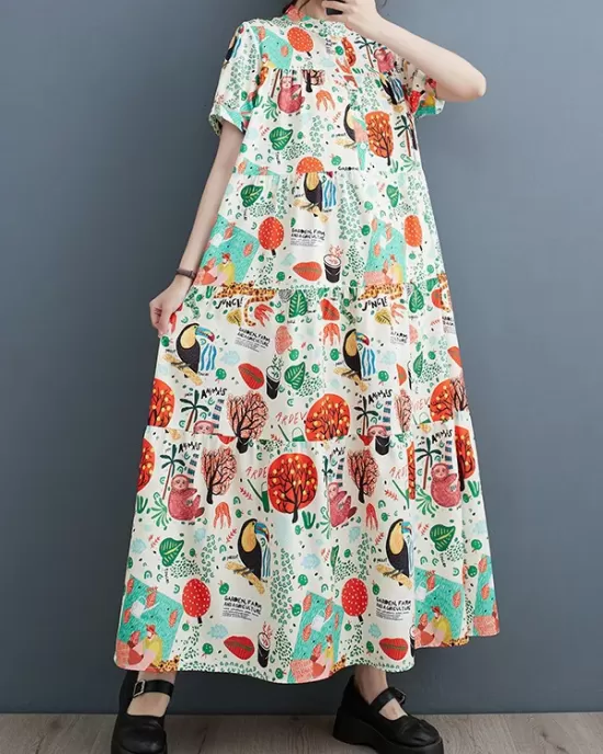 Buttoned Printed Split-Joint Loose Short Sleeves Stand Collar Midi Dresses