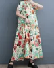 Buttoned Printed Split-Joint Loose Short Sleeves Stand Collar Midi Dresses