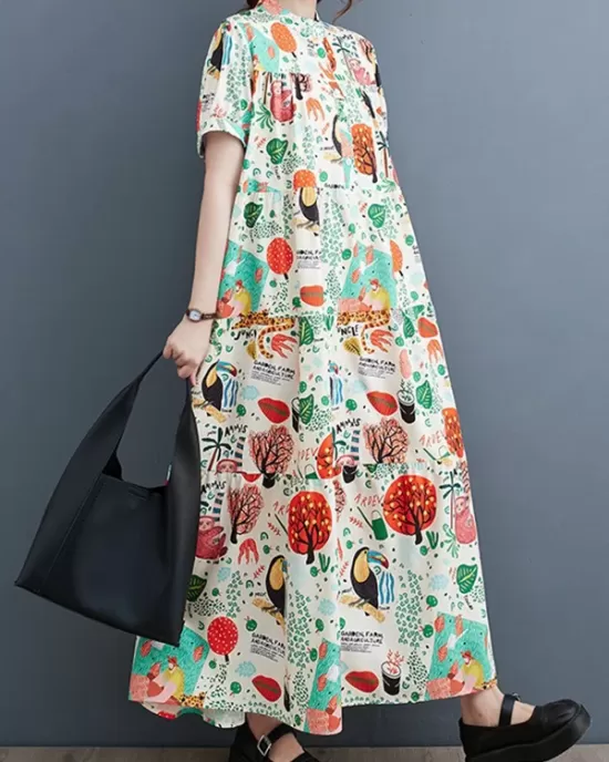 Buttoned Printed Split-Joint Loose Short Sleeves Stand Collar Midi Dresses