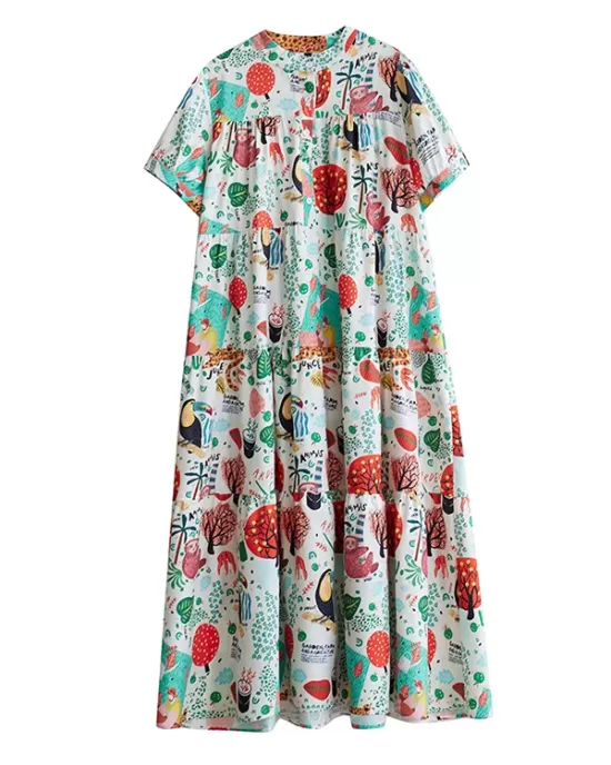 Buttoned Printed Split-Joint Loose Short Sleeves Stand Collar Midi Dresses