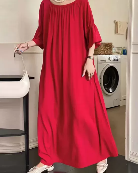 Solid Color Half Sleeves Loose Round-Neck Midi Dresses