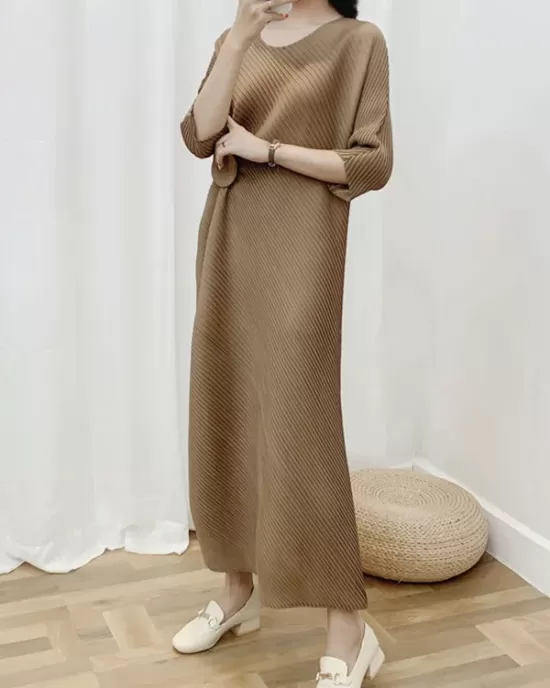 Pleated Solid Color Half Sleeves Irregular Clipping Round-Neck Midi Dresses