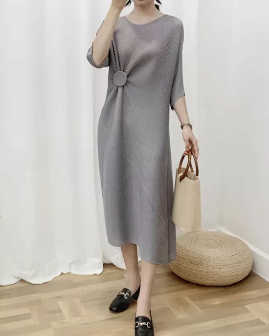 Pleated Solid Color Half Sleeves Irregular Clipping Round-Neck Midi Dresses