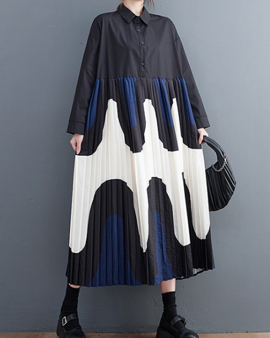 Contrast Color Pleated Printing Split-Joint A-Line Long Sleeves Polo Midi Dresses