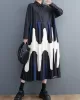 Contrast Color Pleated Printing Split-Joint A-Line Long Sleeves Polo Midi Dresses